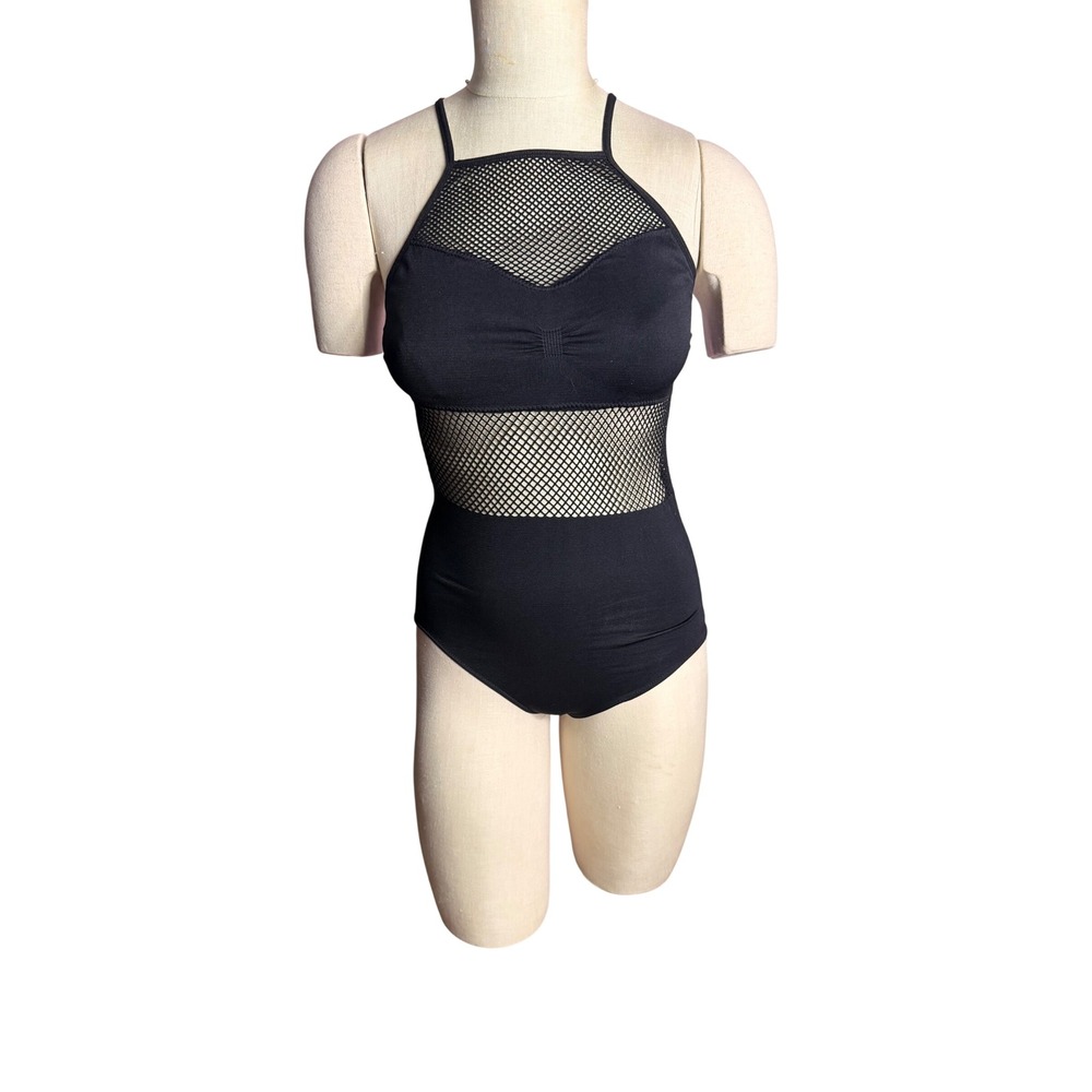 XOXO Bodysuit S Black Mesh Fishnet Panel High Neck Cross Back Leotard 161471